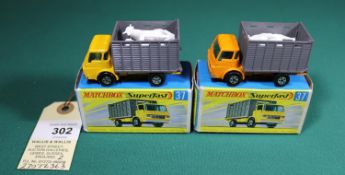 2 Matchbox Superfast No.37 Dodge Cattle Truck. An example in orange and other in yellow, both with