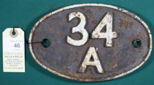 Locomotive shedplate 34A Kings Cross 1950-1963. Cast iron plate in quite good, believed to be