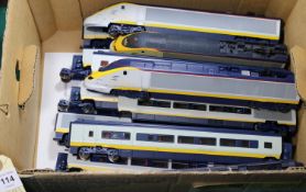 12x OO/HO gauge Eurostar cars, mainly by Hornby (some Jouef). Including; 2x powered driving cars