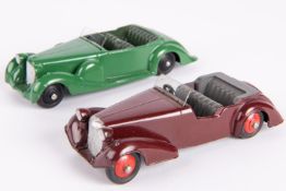 2x Dinky Toys 38 Series. A Lagonda Sports Coupe (38c) in green with dark green seats and black