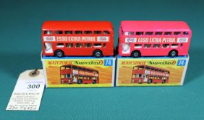 2 Matchbox Superfast No.74 Daimler Fleetline Double Decker Buses. An example in fluorescent red with