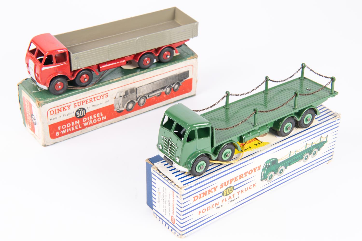 2x Dinky Supertoys Fodens. A Foden DG wagon (501) with red cab, chassis and wheels, grey back and