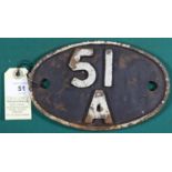 Locomotive shedplate 51A Darlington 1950-1973 with sub shed Middleton-in-Teesdale to 1957. Cast iron
