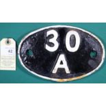 Locomotive shedplate 30A Stratford 1950-1973. Cast iron plate in good condition, some restoration