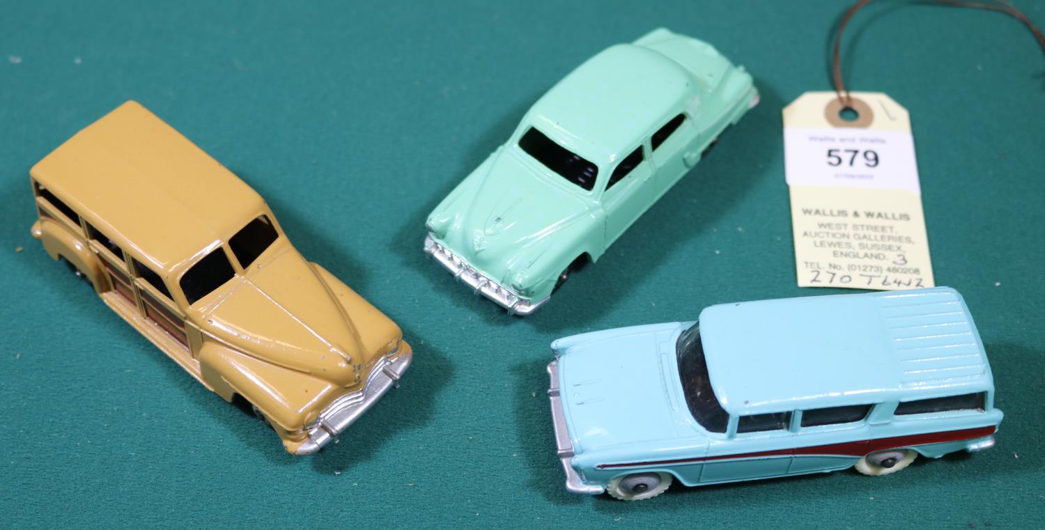 3 Dinky Toys. Studebaker Land Cruiser (171). In light green with mid green wheels. Nash Rambler