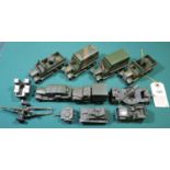 12x Dinky Toys Military vehicles. 2x Searchlight on lorry with smooth wheels (both enhanced and