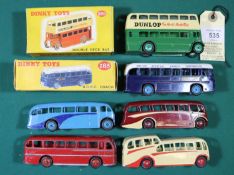 6 Dinky Toys. Double Deck Bus (290). In green & cream with Dunlop advertisements. B.O.A.C Coach (