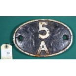 Locomotive shedplate 5A Crewe North 1950-1965. Cast iron plate in good, believed to be unrestored