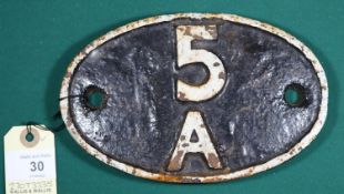 Locomotive shedplate 5A Crewe North 1950-1965. Cast iron plate in good, believed to be unrestored