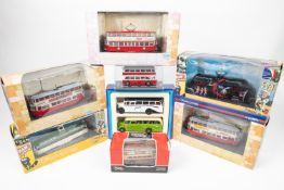 20x Corgi, OOC, Classics, etc. Mainly buses, coaches and trams. Including; Blackpool Balloon Tram.
