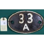 Locomotive shedplate 33A Plaistow 1950-1959, with sub shed Upminster to 1956. Cast iron plate in