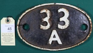 Locomotive shedplate 33A Plaistow 1950-1959, with sub shed Upminster to 1956. Cast iron plate in