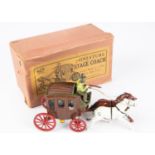 Johillco miniature Stage coach measuring 17cm in length, finished in brown with green and gold