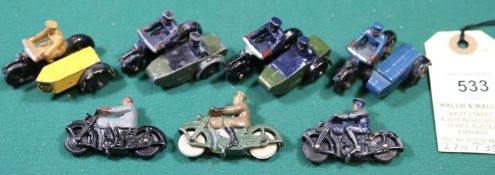 7 Dinky Toys Motor Cycles. Pre-war Royal Signals Dispatch Rider, green m/cycle, khaki rider, white