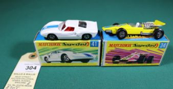 2 Matchbox Superfast. No.34 Formula 1 Racing Car in bright yellow with light blue arrow flash, RN16.