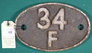 Locomotive shedplate 34F Grantham 1958-1963. Cast iron plate in quite good condition, surface rust