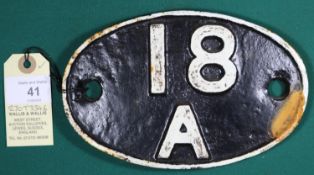 Locomotive shedplate 18A Toton 1950-1963. Cast iron plate in good condition, some restoration