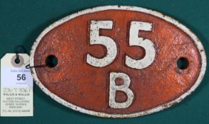 Locomotive shedplate 55B Stourton 1957-1967. Cast iron plate with orange background in good,