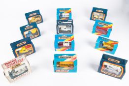 12x Matchbox models. MB30 Arctic trunk, MB17 London bus, MB20 Volvo Container truck, MB Model Ford A