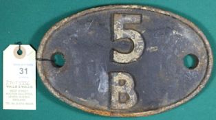 Locomotive shedplate 5B Crewe South 1950-1967. Cast iron plate in quite good, believed to be