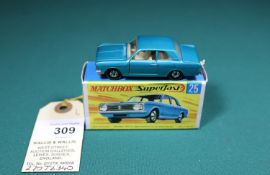 Matchbox Superfast N0.25 Ford Cortina GT. With a metallic blue body, cream interior, unpainted