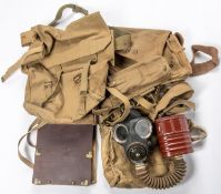 WWII British webbing comprising: 1942 large pack; 1944 map case; ARP haversack; 1944 belt pouch;