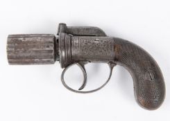 A 6 shot 180 bore self cocking bar hammer percussion pepperbox revolver, 6¼" overall, barrels 1¾"