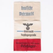 3 Third Reich printed armbands: "Oberkommando Der Wehrmacht Feldjager", "Wehrmacht