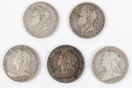 Crowns (5); 1821 NF/fair, 1822 Tertio fair; 1894 LVIII (ESC 307) GF/NVF and scarce, (few letters