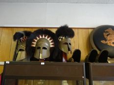 Re-enactment ancient Greek Hoplite fibreglass armour, comprising 3 crested helmets and 3 pairs of