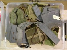 WWII webbing including: 2 belts, 3 pouches, gaiters, US Army leggings; 2 RAF post war pistol