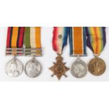 Five: QSA, 2 clasps, CC and OFS; KSA both date clasps, 1914 star with rosette, BWM, Victory (7076