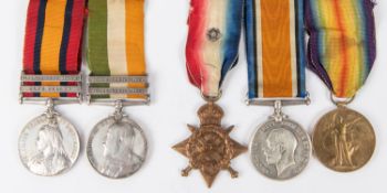 Five: QSA, 2 clasps, CC and OFS; KSA both date clasps, 1914 star with rosette, BWM, Victory (7076