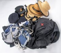 A quantity of replica RN uniform items including 6 Sennet type straw hats; 3 blue tops; 2 prs of