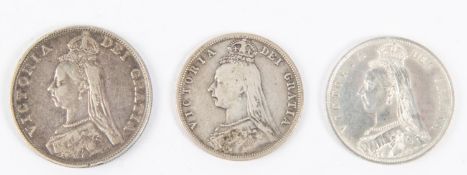 Victoria AR double florin 1889 NVF/VF toned; Halfcrowns 1887 JH (2), F and NEF (with slight edge