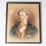 A 19th century watercolour portrait of an unidentified army officer, wearing pill box hat, frogged