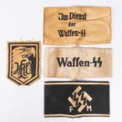 3 Third Reich SS armbands, Waffen SS, SS FM, another and a LAH panel. GC (4) £65-70