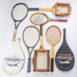 7 tennis racquets of various vintage, 4 wooden traditional type (2 have their frames), 3 other
