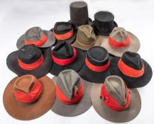 12 felt hats, modern vintage for Western or Boer War theatrical use, generally GC.