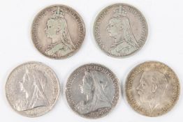 Crowns (5): 1891 NF/F, 1892 NVF, 1893 LVI signs of mounting to top otherwise NVF, 1895 LVIII (ESC
