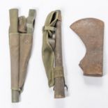 A very heavy iron axe head, 11½" in length; a WWII US Army pick mattock with belt case; another
