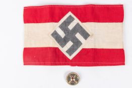 A Third Reich Hitler Youth armband, red and white with overlaid panel; also an enamel shooting