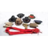 A British Railways peaked cap, 5 modern cowboy hats etc; a water bottle, a holster, 6 leather frogs,