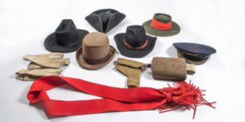 A British Railways peaked cap, 5 modern cowboy hats etc; a water bottle, a holster, 6 leather frogs,