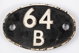 Locomotive shedplate 64B, Haymarket 1950-1973. Cast iron plate in good, believed to be unrestored,