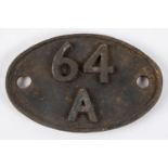 Locomotive shedplate 64A, Edinburgh St. Margarets 1950-1967 with sub sheds Galashiels to 1962 and