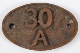 Locomotive shedplate 30A Stratford 1950-1973. Cast iron plate in quite good condition, front