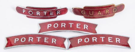5x British Railways (Midland Region) totem and fishtail style cap badges by Gaunt, etc. 4x Porter