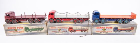 3x Dinky Toys Foden lorries. A Foden Flat Truck with tailboard (903) with dark blue cab and