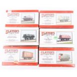 6x O gauge Slater's freight wagons. Including; 2x open wagons, 2x tank wagons, a box van and a